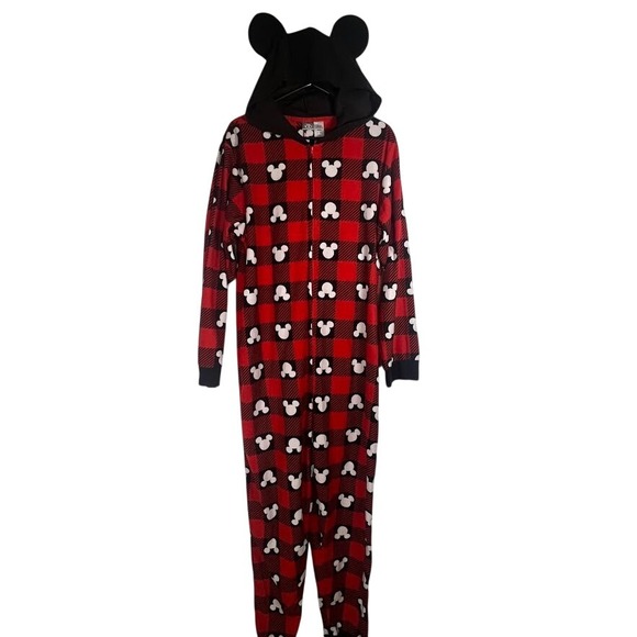 Disney Other - Disney 100 Mickey Mouse Union Suit Pajamas Womens L Buffalo Plaid Hooded Ears